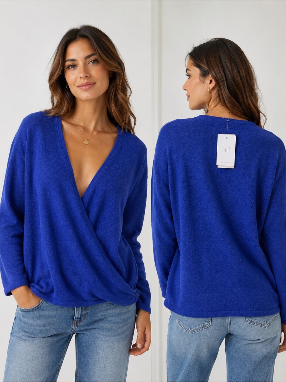 J.Jill Royal Blue Linen Blend Wrap Sweater Top Size L NWT